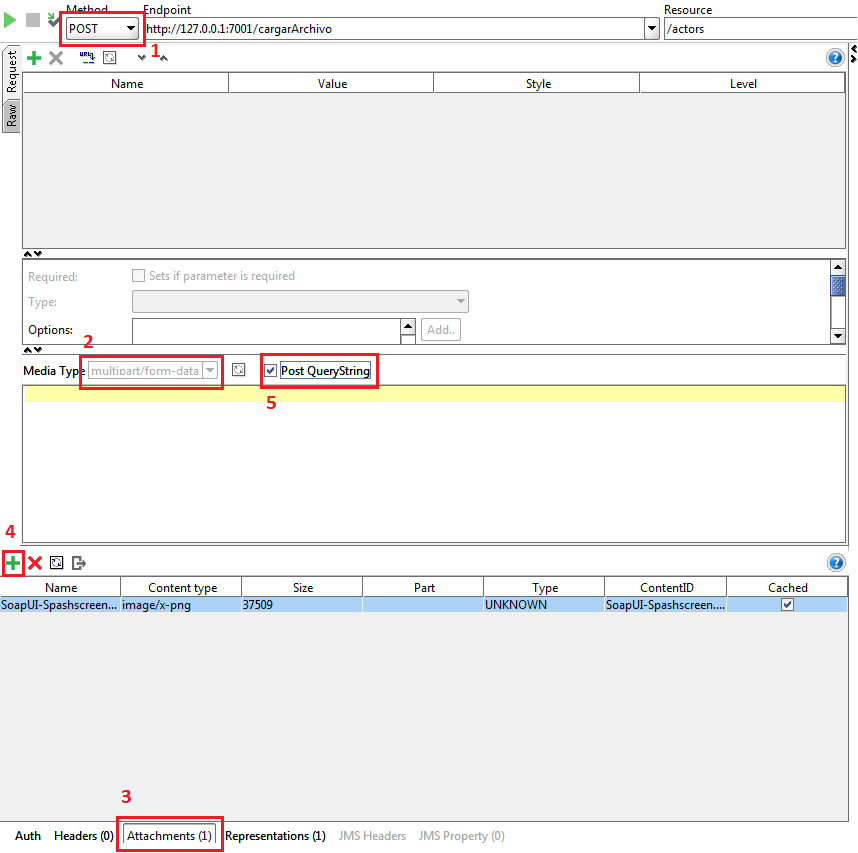 Captura de pantalla SoapUI cómo enviar un archivo a servicio web