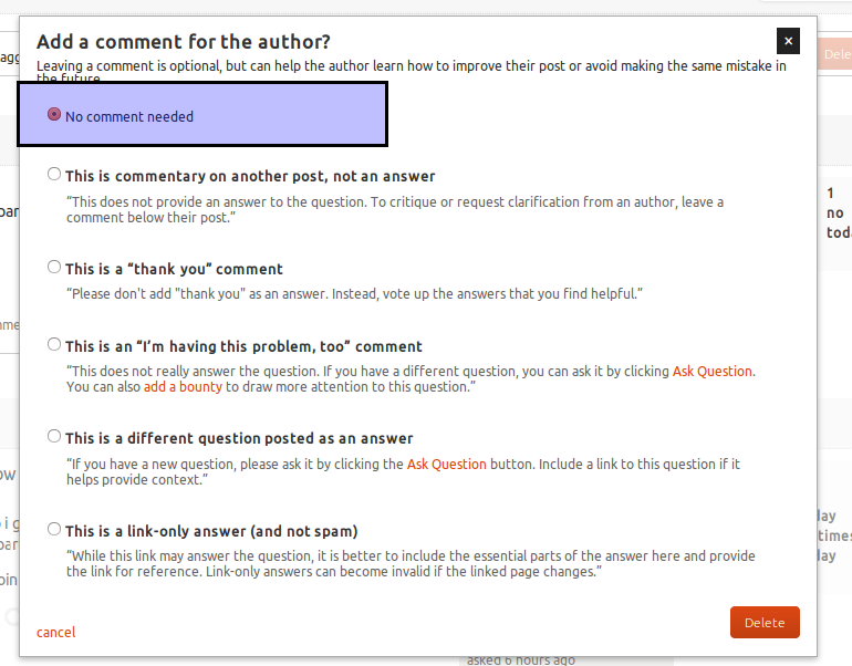 Screenshot showing "Add a comment for the author?" dialog in review