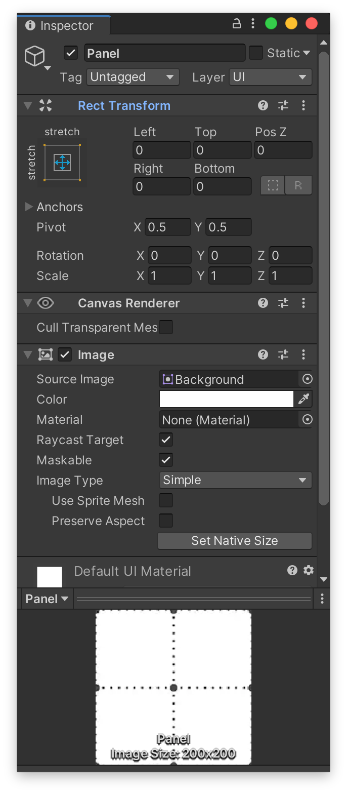 panel values in inspector