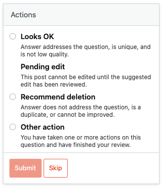 Screenshot of review queue modal on my laptop after submitting a suggested edit. Notice that there is no radio button next to "Pending edit" to select it.