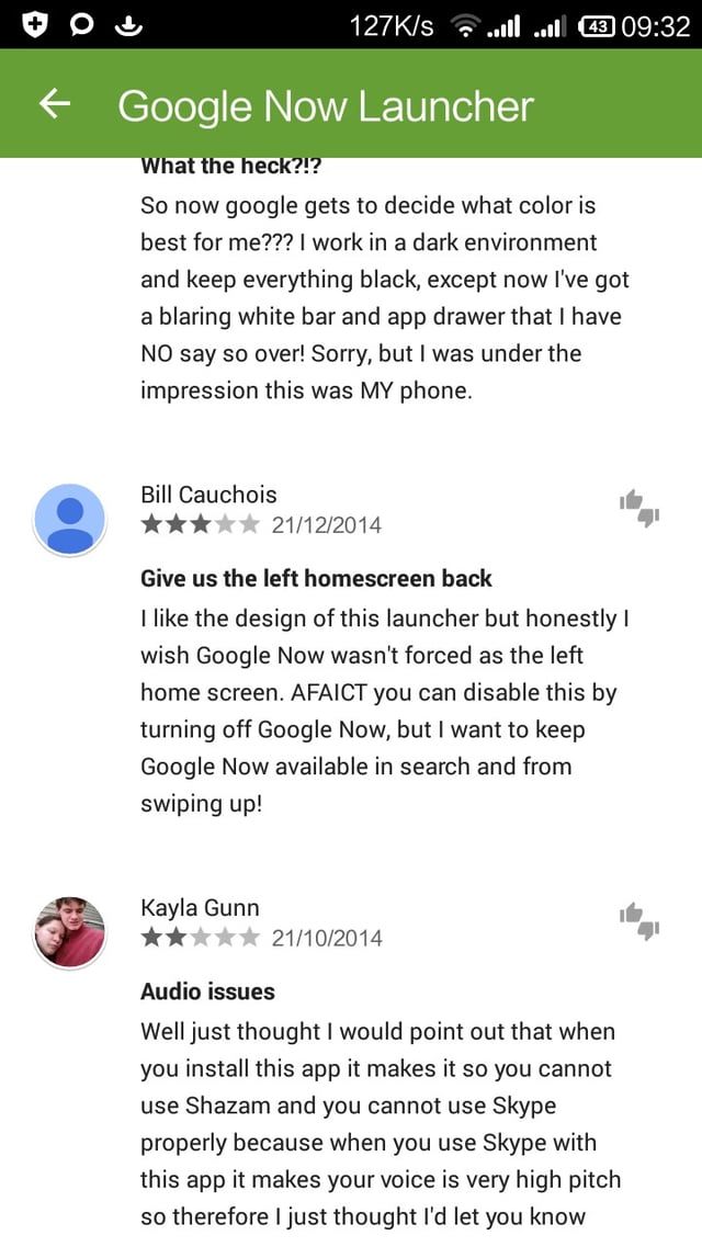 Google now launcher reviews with audio issues on some device.
