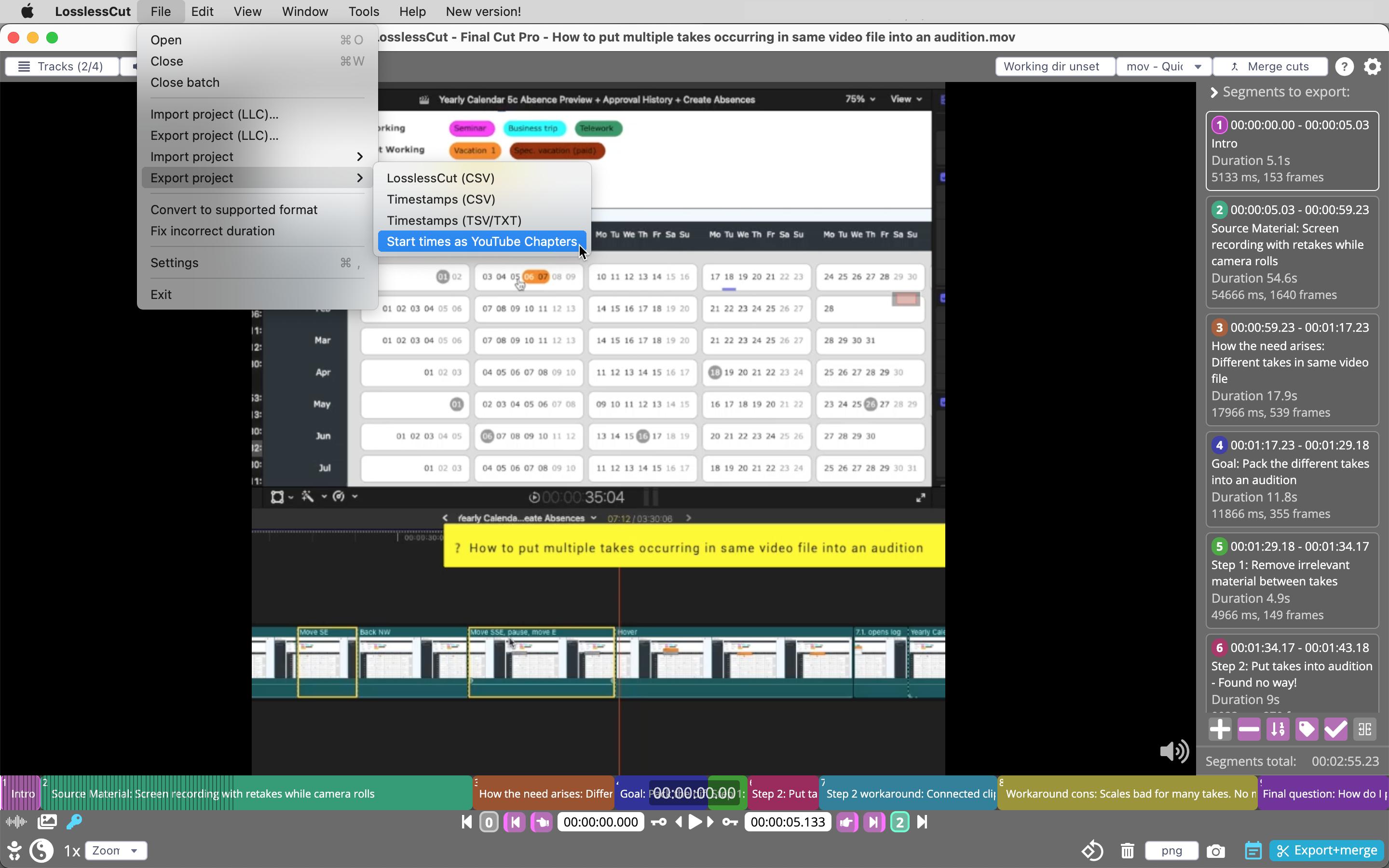 LossLessCut chapter markers 3 Export start time as YouTube chapters