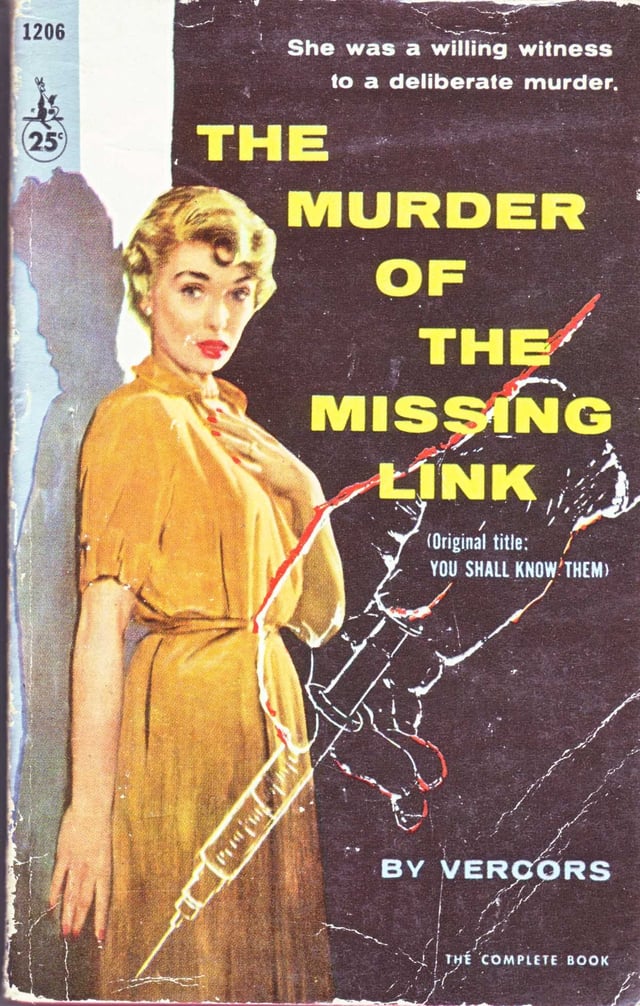 Cover of "The Murder of the Missing Link", woman in yellow dress and drawing of a syringe in the background