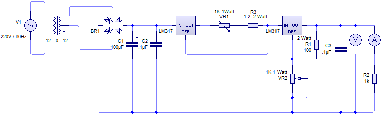 Two LM317 Based Voltage and Current Regulator Circuit