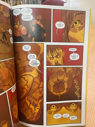 Photograph of comic book page where two people discuss how the cave is mutating the explorers