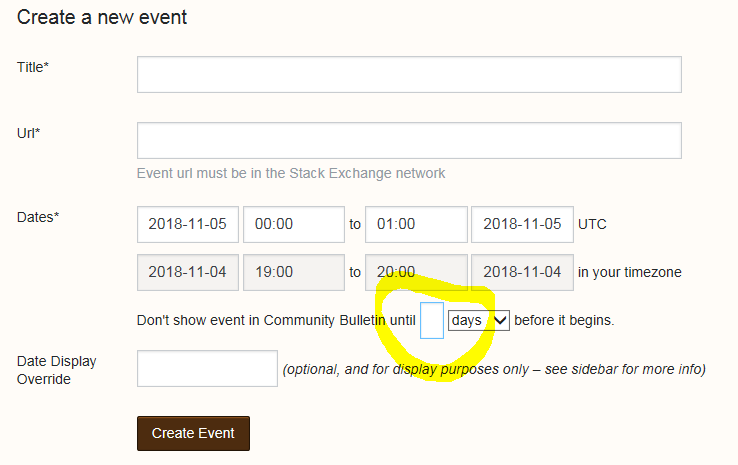 "Create a new event" page with empty-looking text-box circled