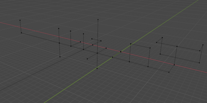 A bunch vertices connected by edges. The shape is composed of straight lines that go up, down, left, right, backwards and forwards, but never at an angle