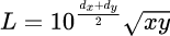 L = 10^{\frac{d_x + d_y}{2}} \sqrt{x y}