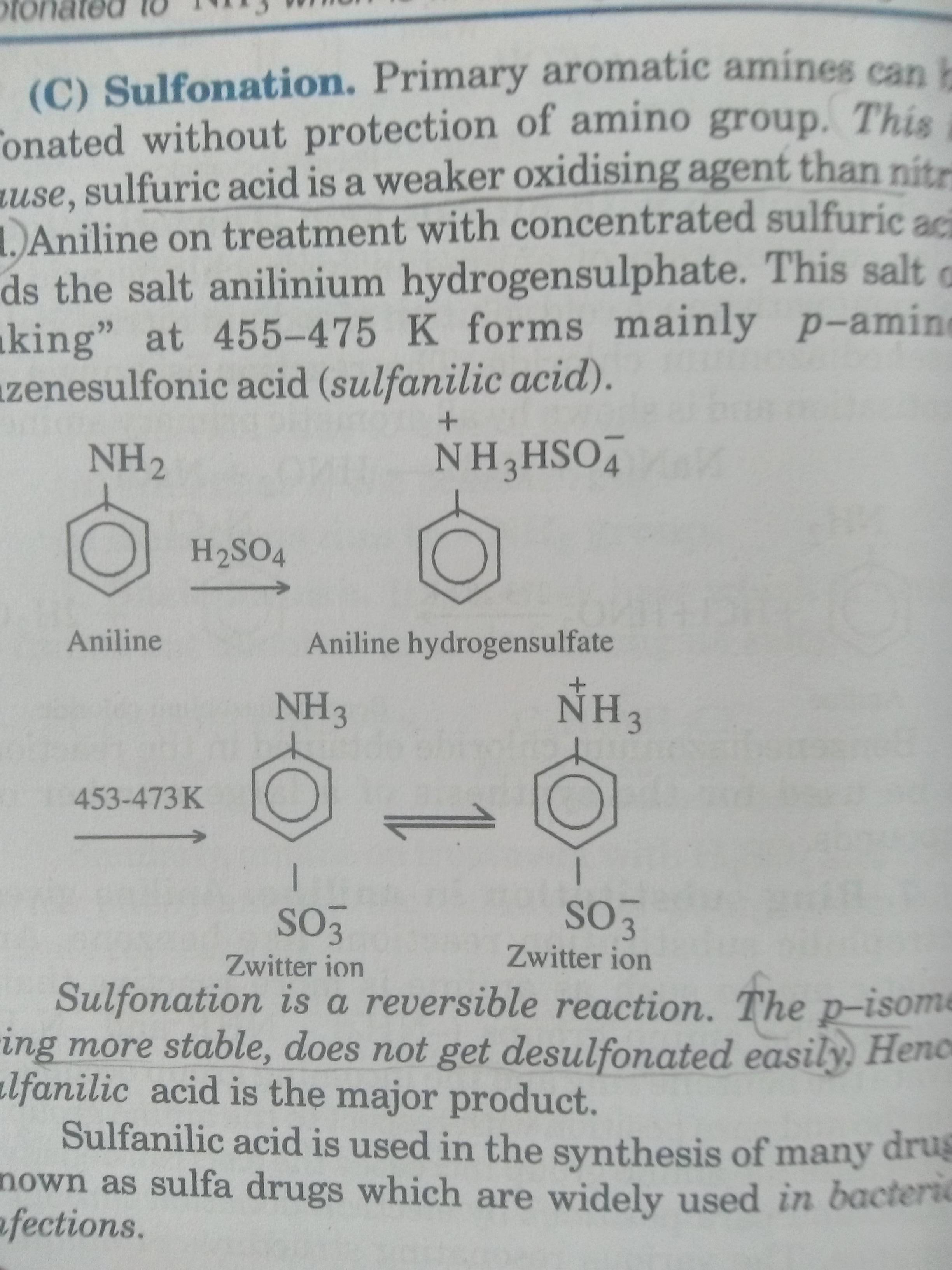 In the second paragraph of the image you can see that p-amino-benzenesulphonic acid is more stable.