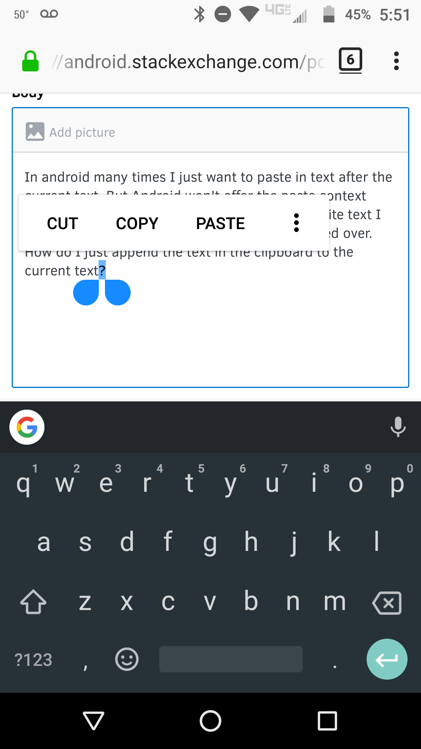 long press after text