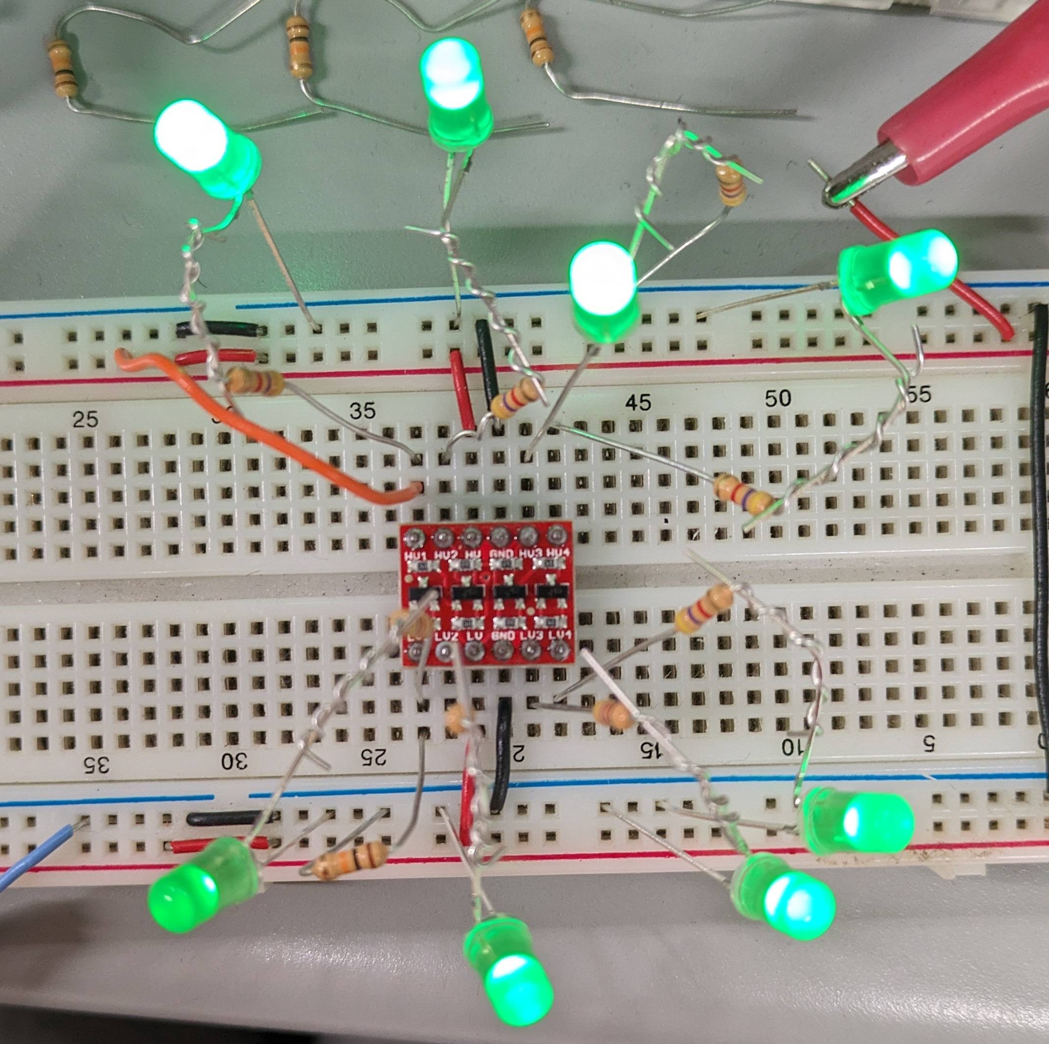 figure 1. 3v3 on the LV side, 5v on the HV side. All LED's should be off, as no logic signal is applied to any pin, and 4.7k pulldowns exist at each pin.