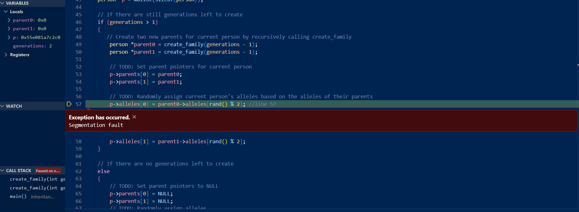 Image depicts debug50 error screen. Highlights line 57, says "Exception has occurred. Segmentation fault." Under variables, locals, parent0 and parent1 are both 0x0.