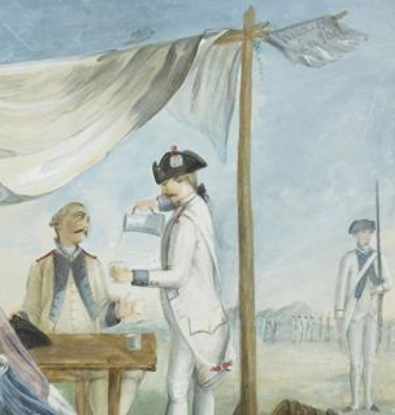 an 18th century french soldier in a white uniform pours a drink for another under a tent which is marked with a blue flag