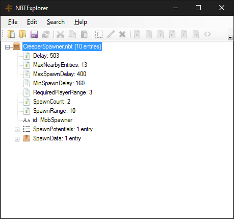 An image of NBTExplorer showing the saved structure file, this time with the tags for the spawner moved to the NBT root