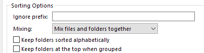 Snip of folder settings dialog showing sorting options