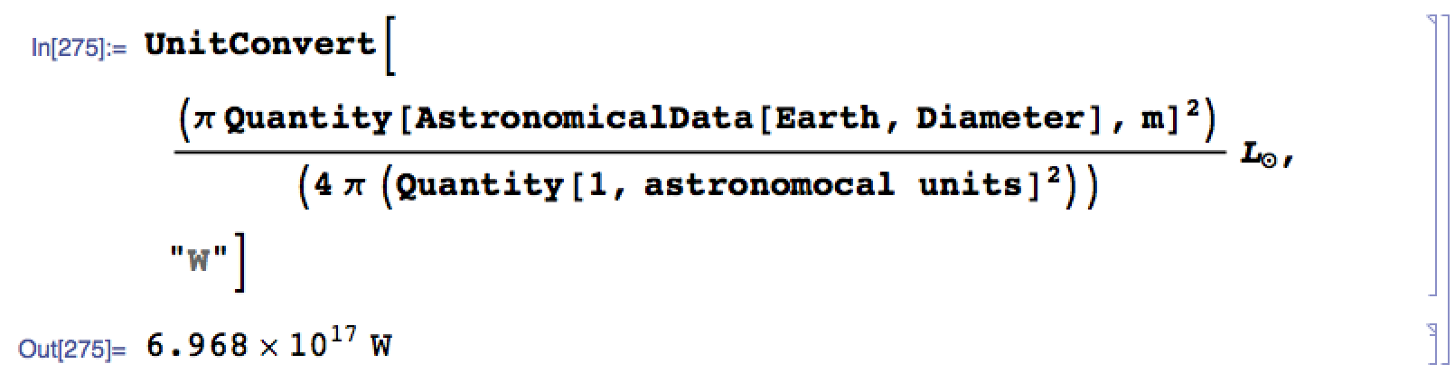 \text{UnitConvert}\left[\frac{\pi  \text{Quantity}[\text{AstronomicalData}[\text{Earth},\text{Diameter}],\text{m}]^2}{4 \pi  \text{Quantity}[1,\text{astronomocal units}]^2} \text{L}_{\odot },\text{W}\right]