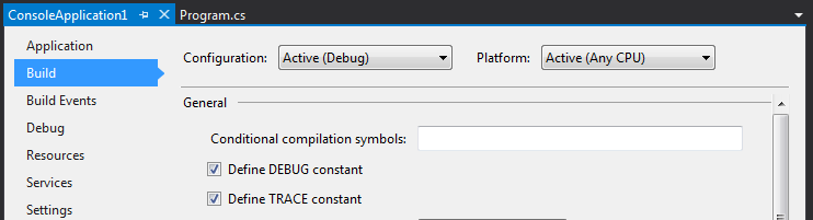 Visual Studio Project Build settings