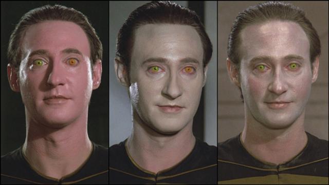 Three images of Spiner with: pink skin (one eye yellow, one eye orange), pale white skin (one eye yellow, one eye orange), and with blended pale white/pinkish skin (both eyes yellow)