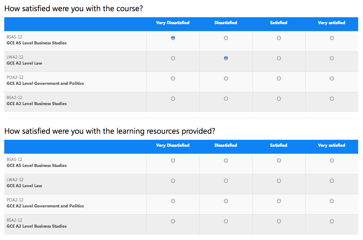 Screenshot of the front end survey