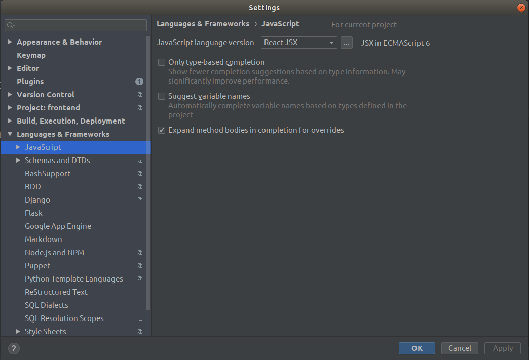 Pycharm javascript language config