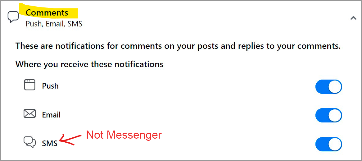 Facebook Comments Notification options with a note, 'Not Messenger', and an arrow pointing from it to the SMS option