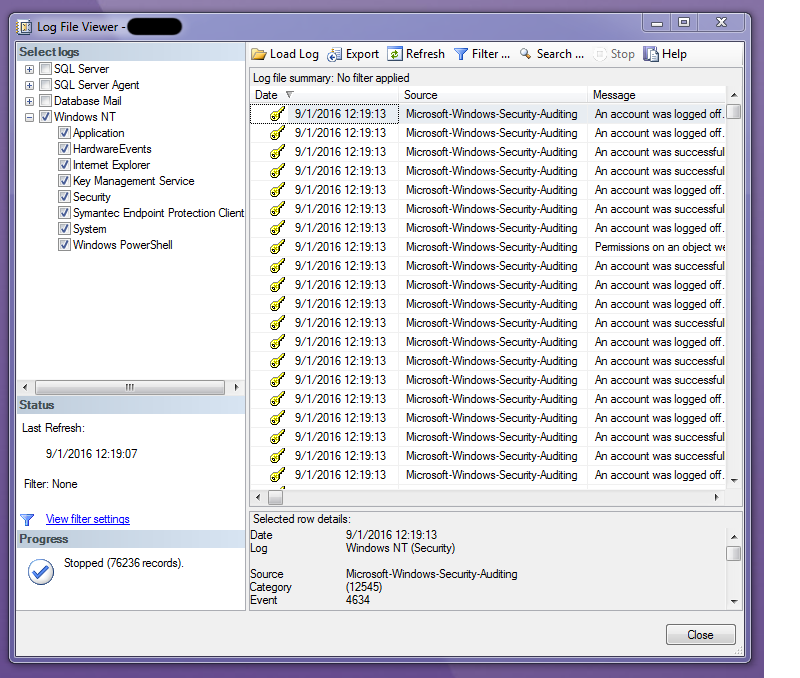 screenshot of SSMS Log File Viewer, showing Window's Event Logs subtree