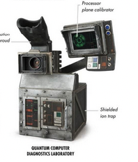 A computer-type device with a microscope eyepiece, a lens, and a screen, labeled "Quantum Computer Diagnostics Laboratory". Text tags identify a "processor plane calibrator" and "shielded ion trap".