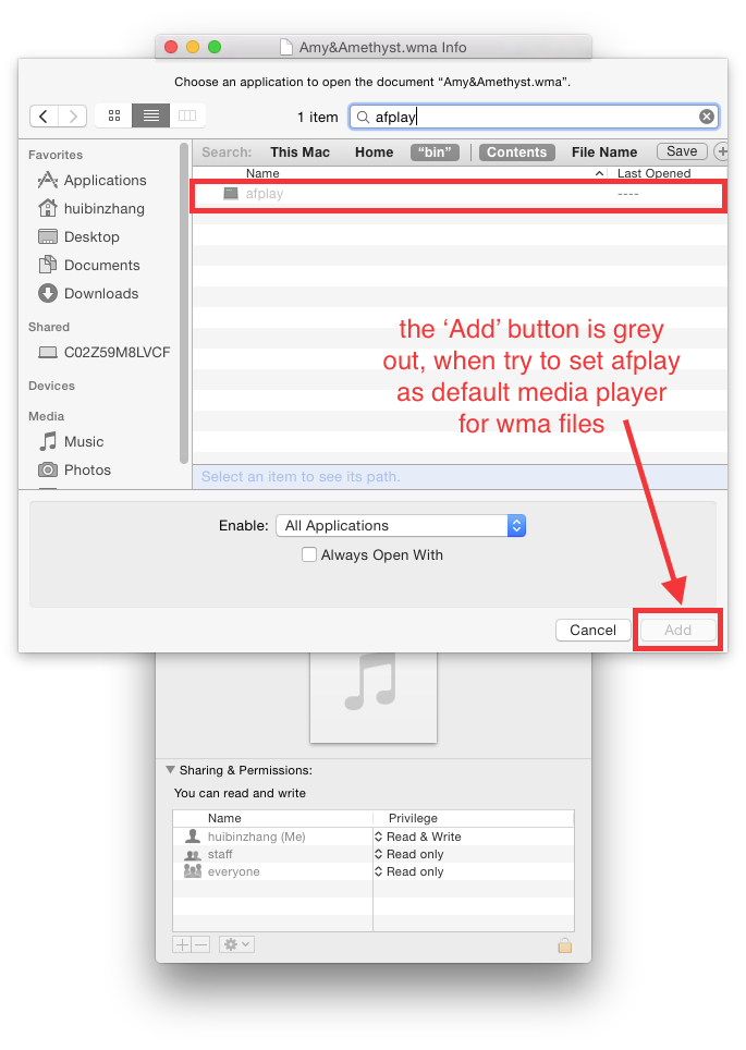 try set to use afplay as default media player for wma files