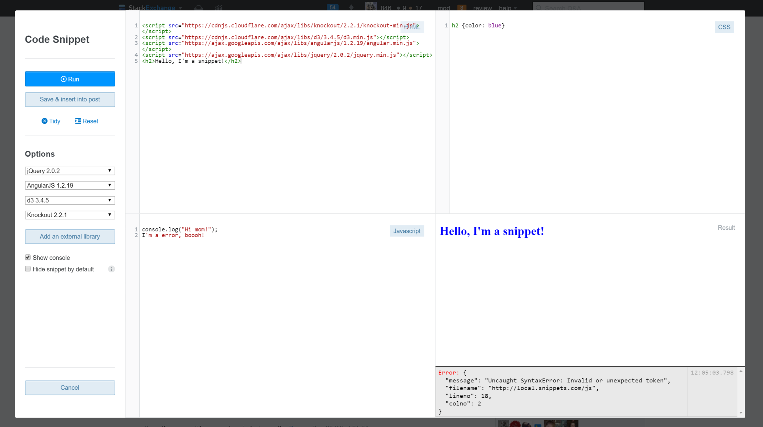 screenshot of snippets editor