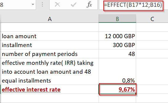 Soultion can be found using IRR ja EFFECT excel function