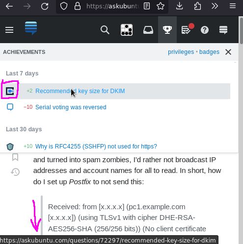 Screenshot showing me hovering the cursor over a notification with the site icon of crypto stackexchange, but the link goes to askubuntu