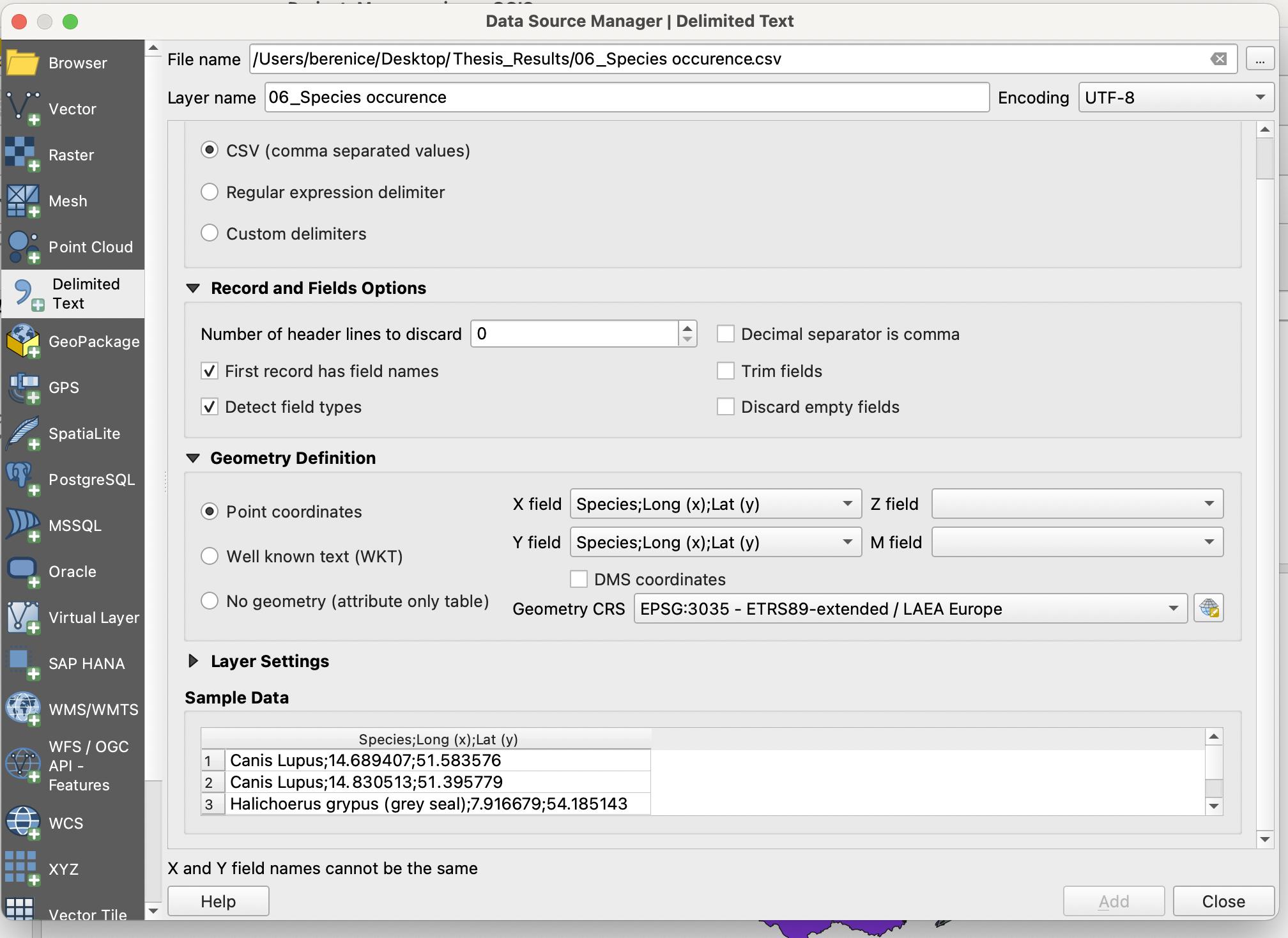 Data Source Manger, delimited text