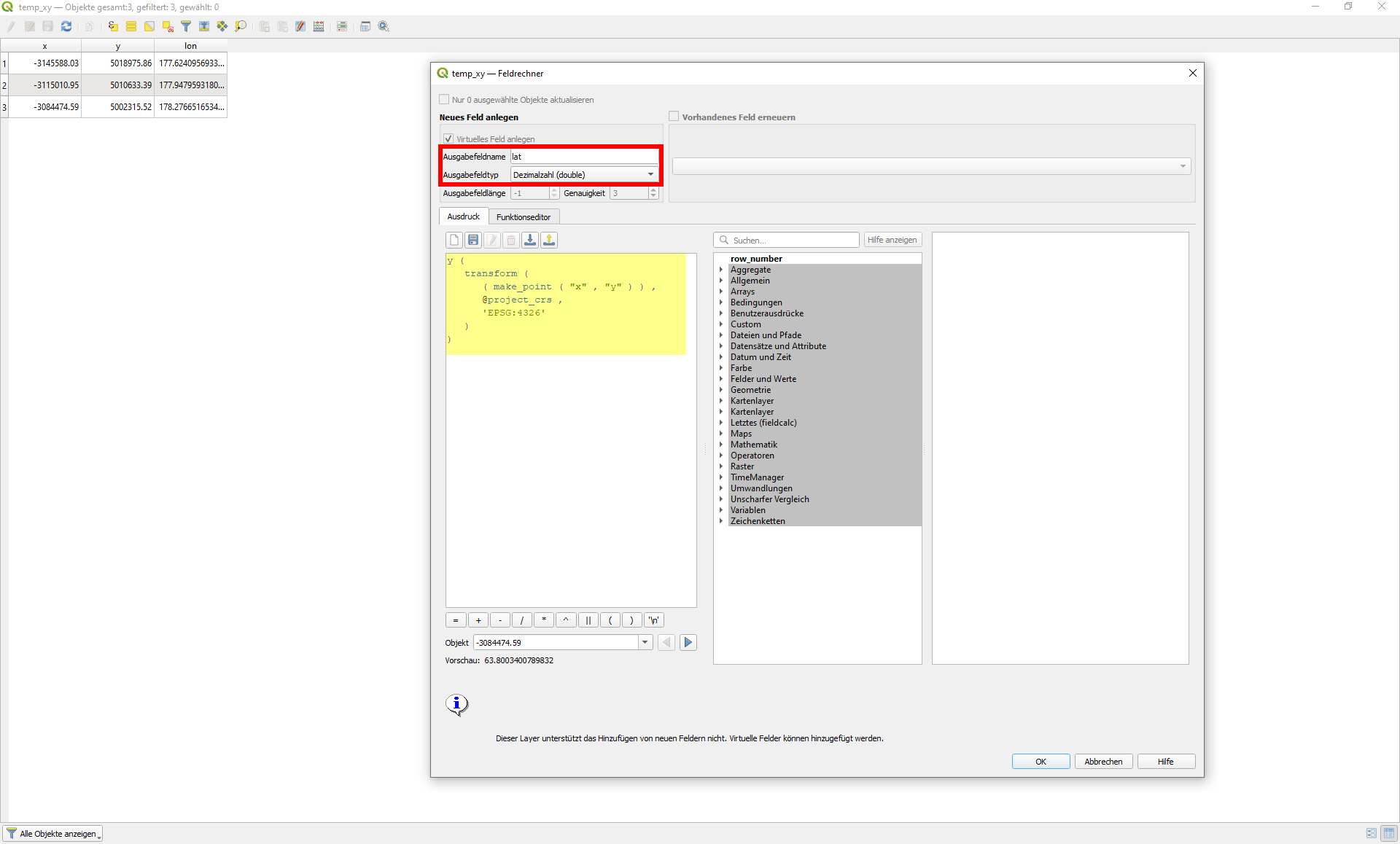 qgis field calculator expression to add latitude longitude coordinates