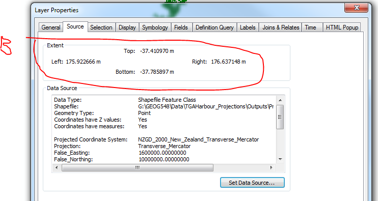 Extent for layers in B - shows recognisable lat/long (175, 34[![][2]