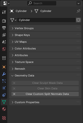 screenshot of Properties editor with Geometry Data section opened to reveal "Clear Custom Split Normals Data" button