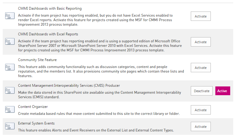 SharePoint site, Activate CMIS Producer