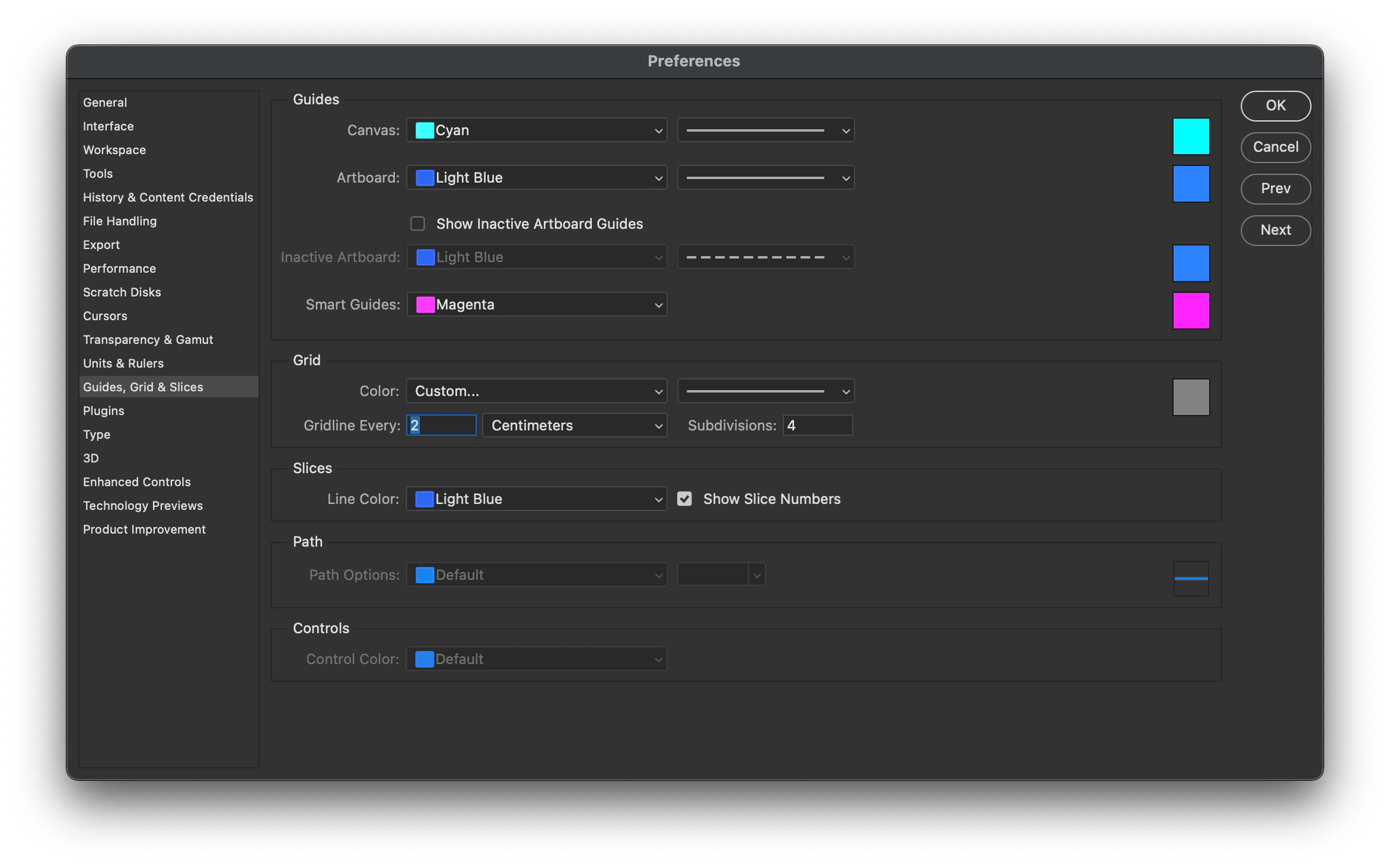 Preferences for Guides, Grid & Slices