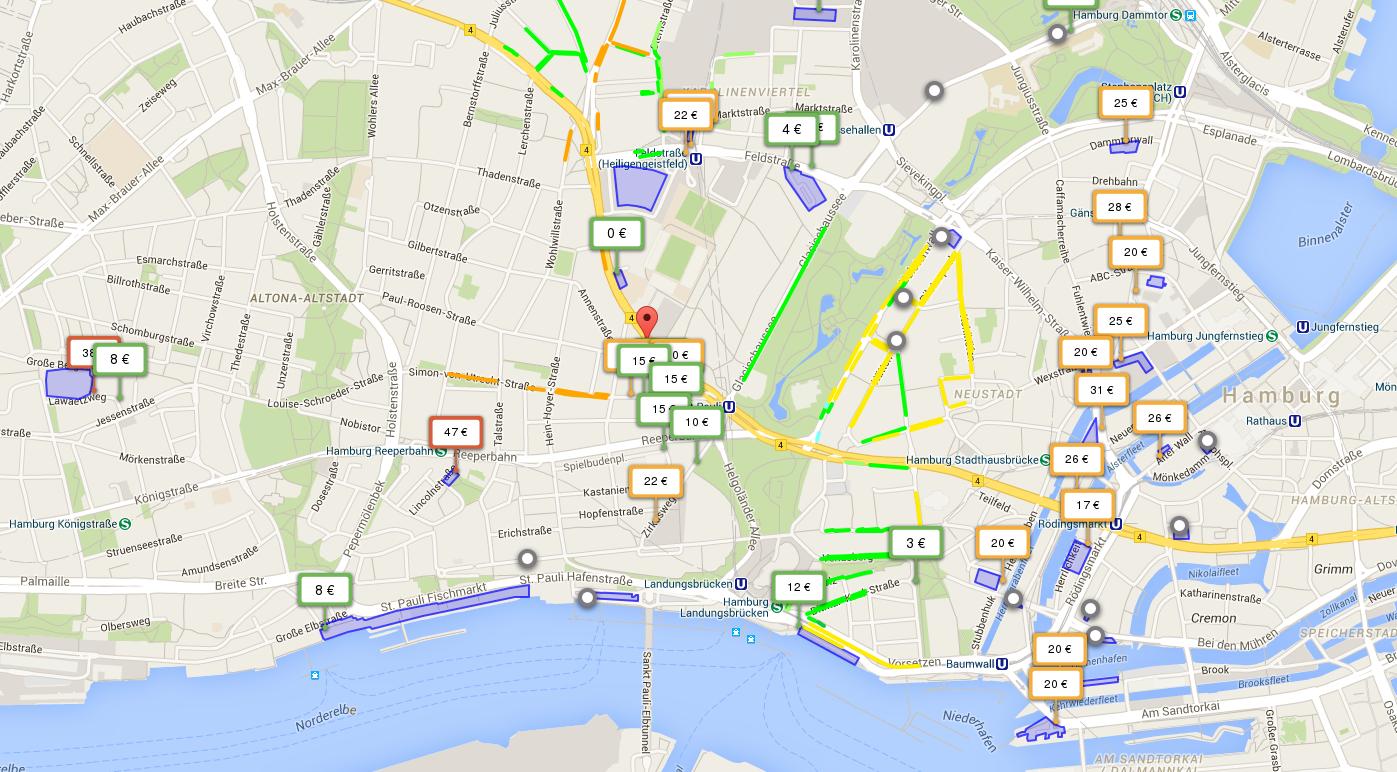 Parkopedia marks plenty of parking spots around St. Pauli, Hamburg, with costs ranging from 0 to 37 EUR per 24h.