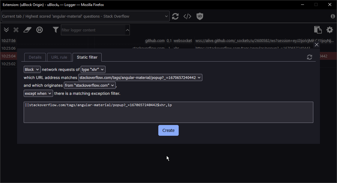 Static filter tab on the details of the blocked request. Shows controls that can build up a filtering rule.