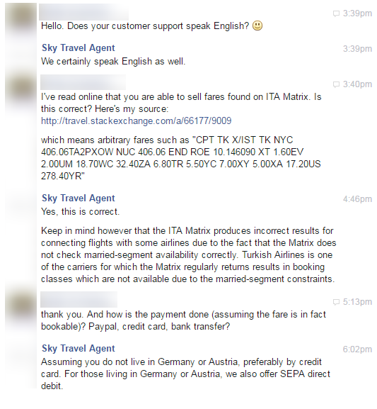 sky travel facebook chat