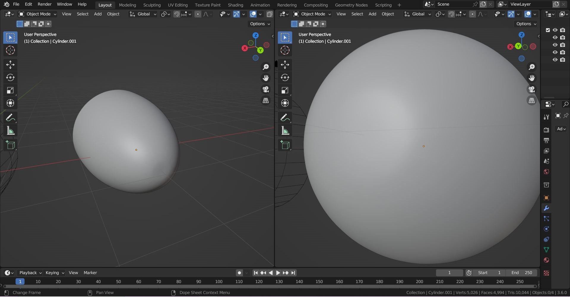 The obtained geometry with Shade Smooth enabled. Overview (left) and close up of the tricky section (right).