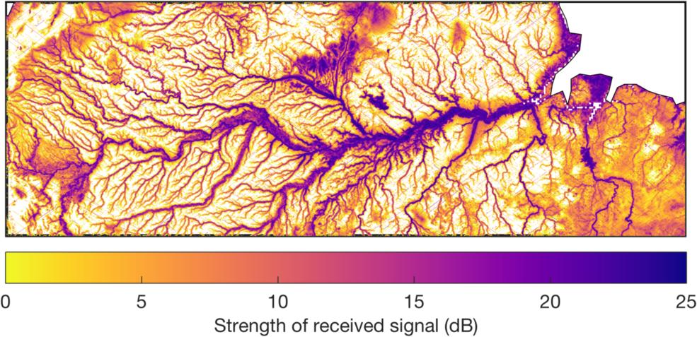 CYGNSS data delineates the streams and tributaries across the Amazon basin in South America.
