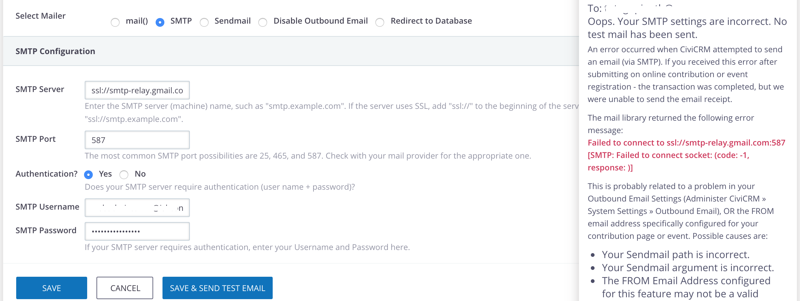 CiviCRM SMTP Settings