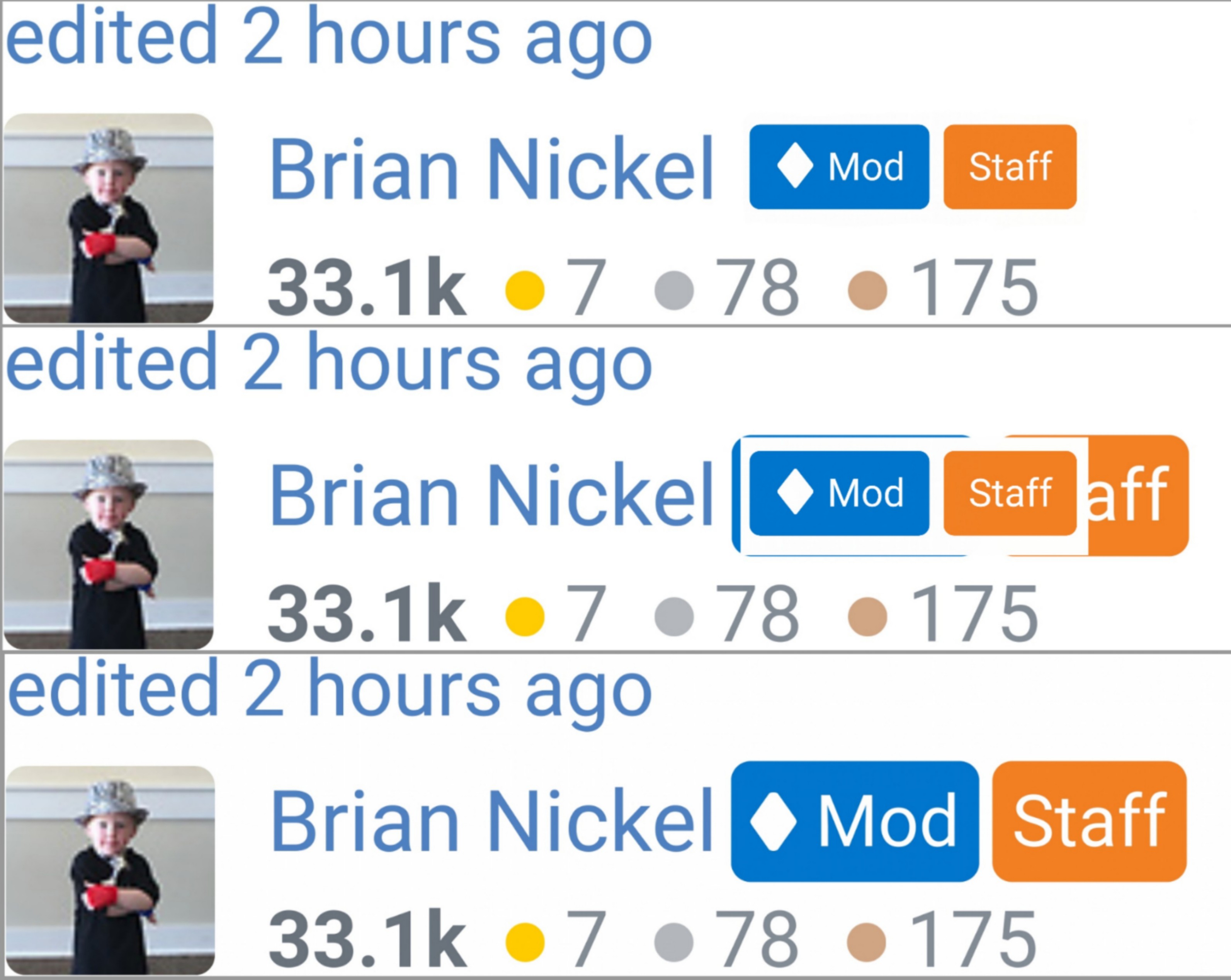 Grid of three user badges, to compare resized moderator and staff badges