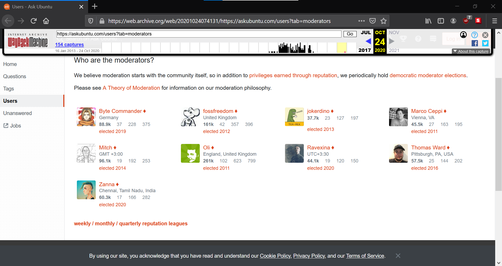 Screenshot of list of moderators from https://askubuntu.com/users?tab=moderators (as on 24/10/2020)