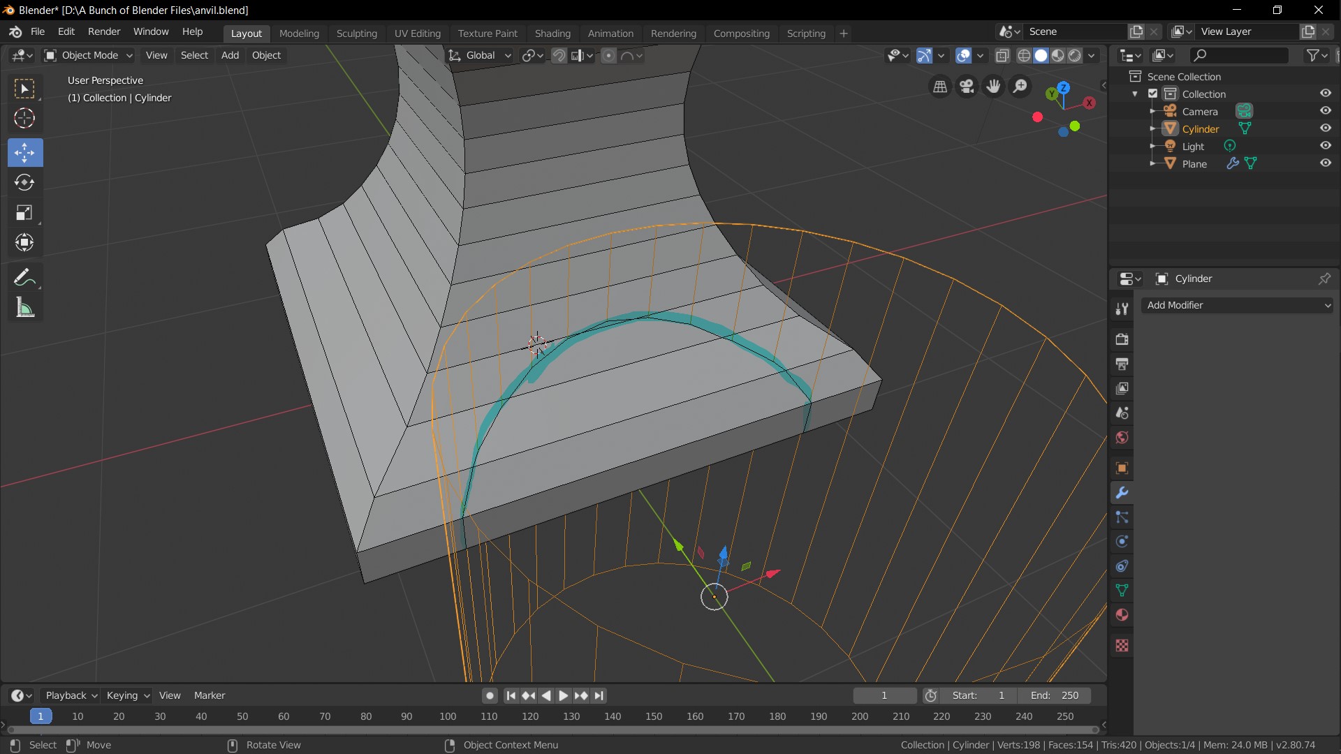 The Boolean Modifier does not cut out the part where they overlap, but rather, only the parts where the edges of the anvil overlap.