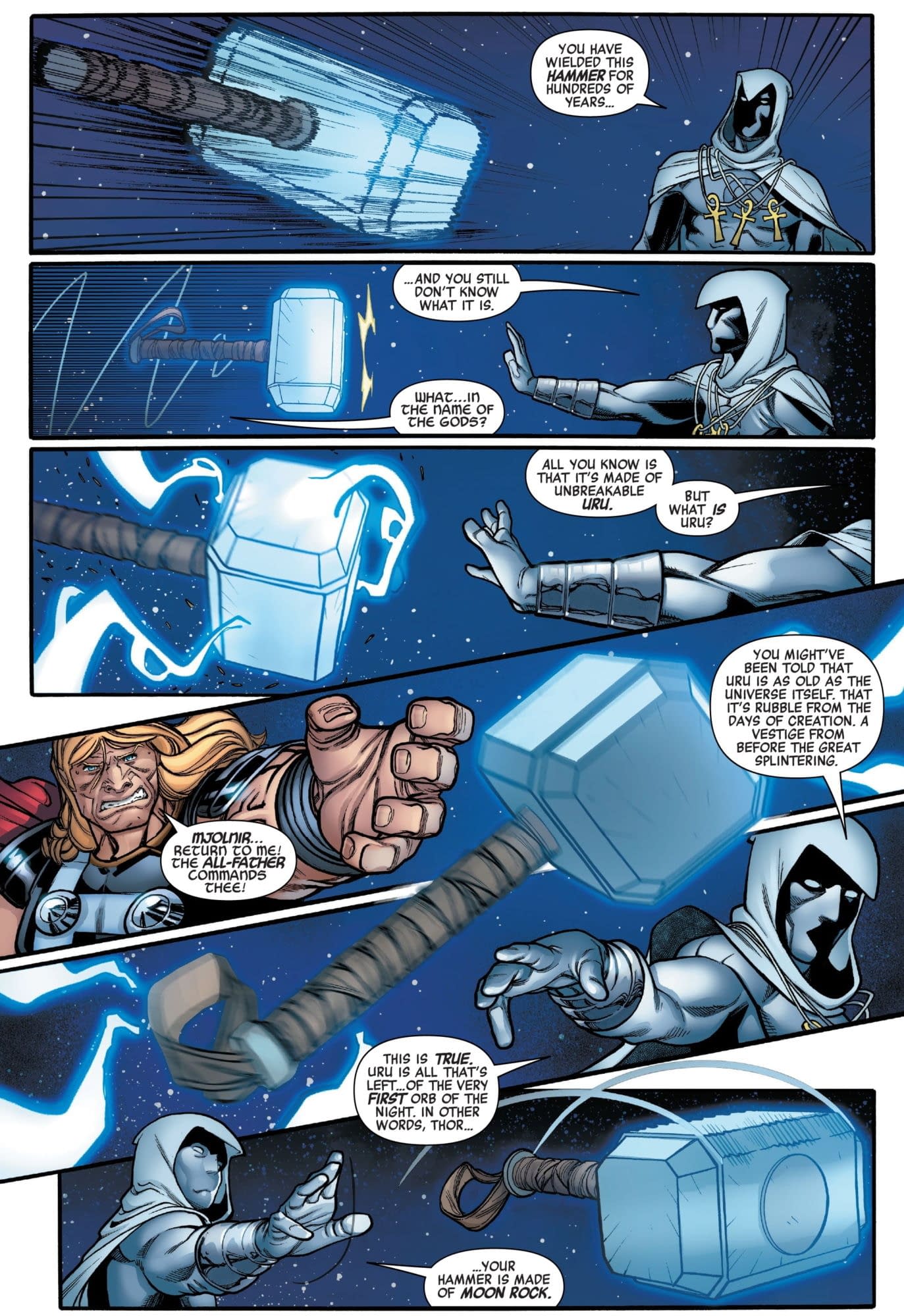 Moon Knight stops Mjolnir mid air which Thor has thrown at him