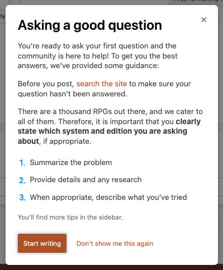 Screenshot of modal on the Ask page on Role-Playing Games Stack Exchange