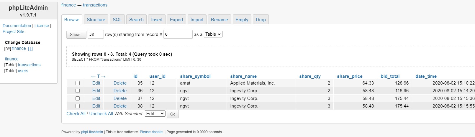 sqlite db transactions table