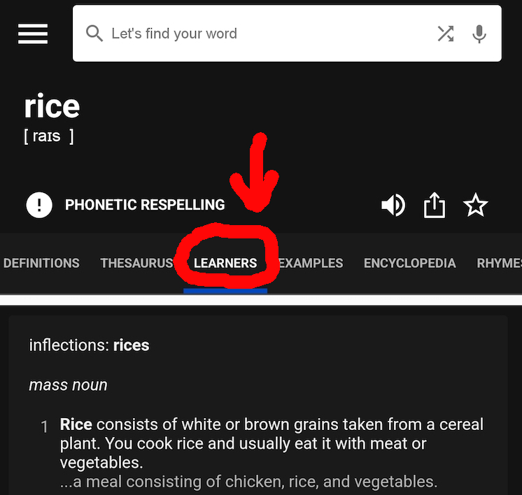 mobile snapshot of dictionary.com's app and its definition of the term rice